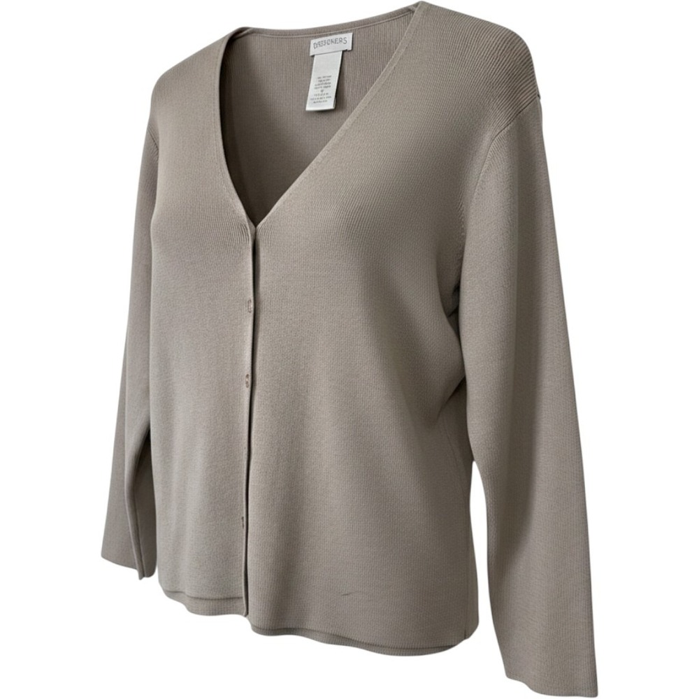 NWOT Designers Originals Women's PM Taupe 100% Cotton V-Neck Cardigan Sweater